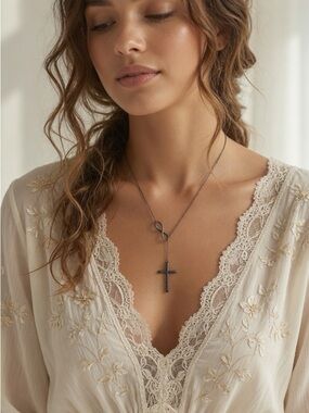 Antiqued Infinity Cross 925 Sterling Silver Necklace Bohemian Christian Faith